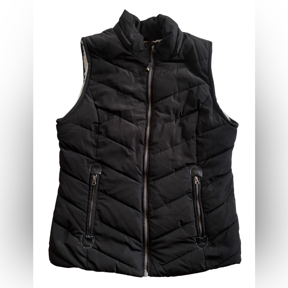 GreenTea Black Quilted Puffer Vest White Faux Fur Lining Women's S
